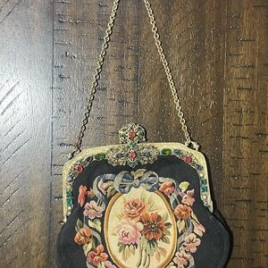Vtg micro needlepoint floral bejeweled clasp clutch